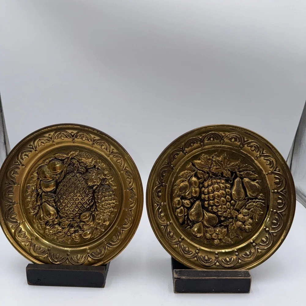 Vintage Brass Wall Plates Made in England Fruit Relief Pair 10.5